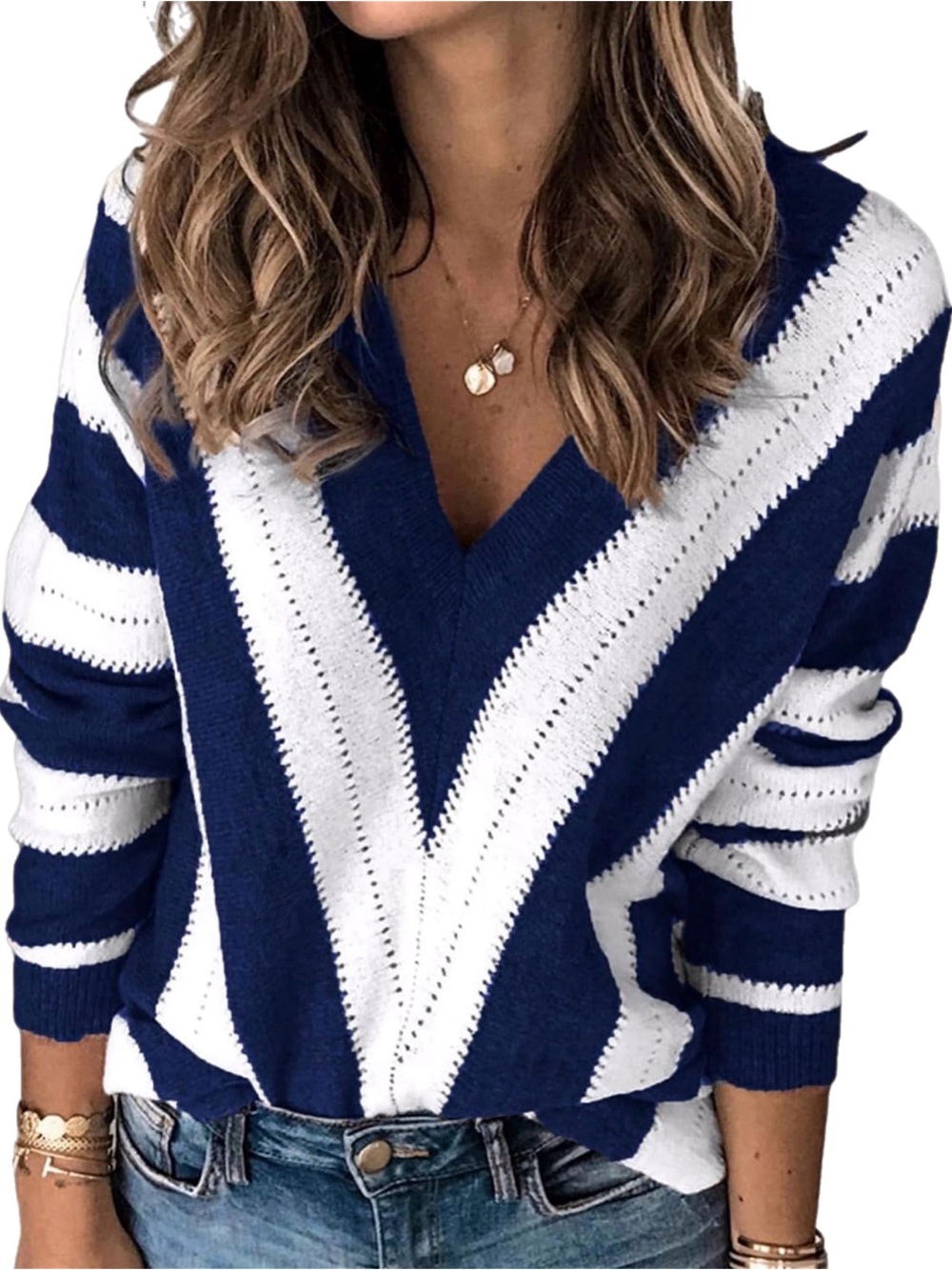 NWOT Navy Blue and White Striped Long Sleeve V-Neck Sweater Size Large